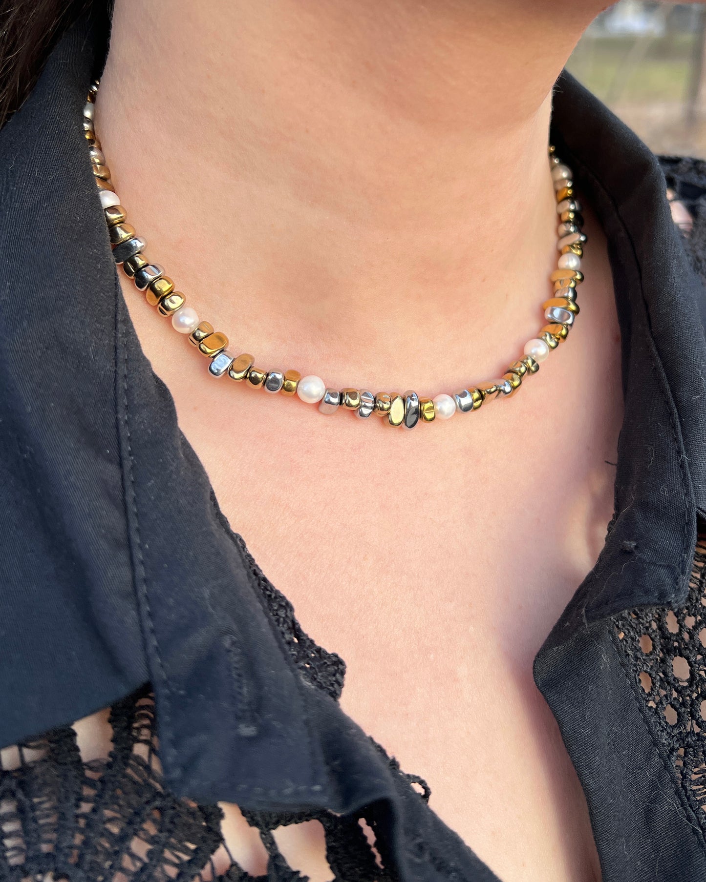 Bicolor Hematite Pearl Choker