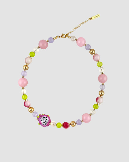 Colorful beaded necklace with a gold clasp on a white background