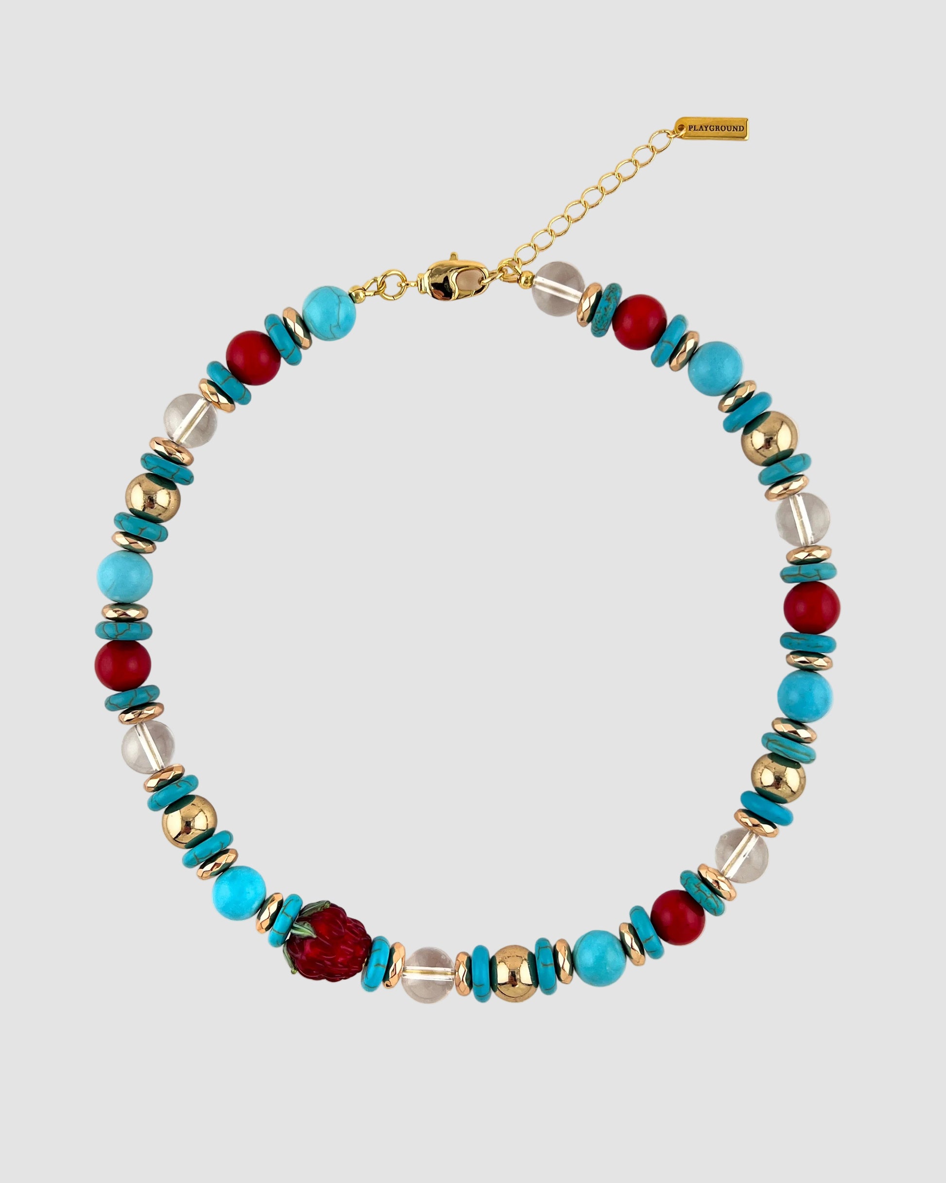 Necklace with multicolored beads on a white background