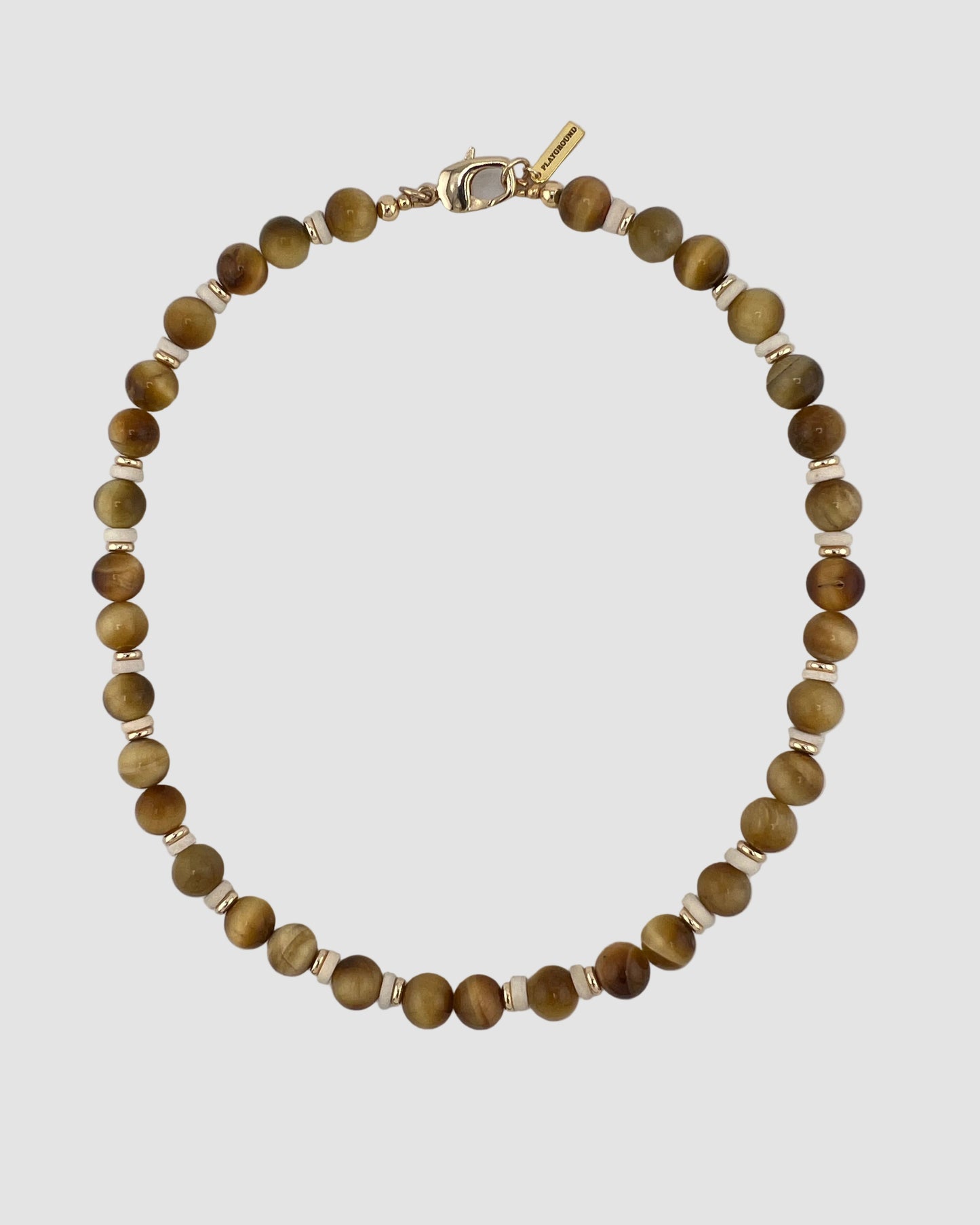 Men's necklace with brown beads on a light gray background